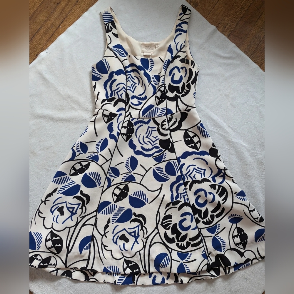 ANTHROPOLOGIE Vanessa Virginia Blue Black Floral Ink Set Blooms Dress